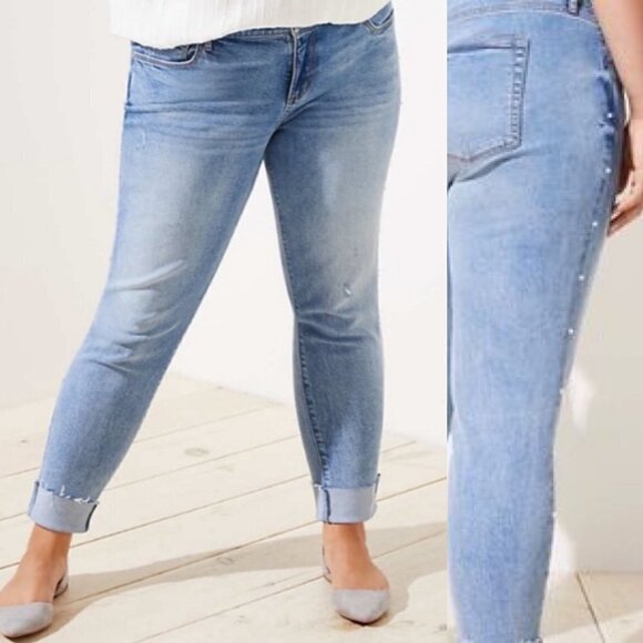 Loft Women's Pearl Embellished Distressed Raw Hem Modern Skinny Jeans Size 4/27 - Picture 1 of 9
